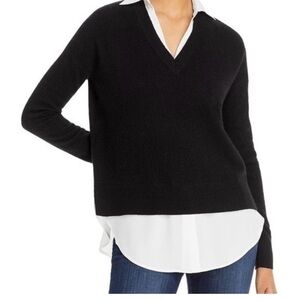 C by Bloomingdale’s Cashmere, Black V-Neck Sweater with Crisp White Blouse